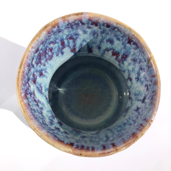 handmade pottery vase raku vessel leaves brown black blue drip 4 inches tall - Picture 10 of 16